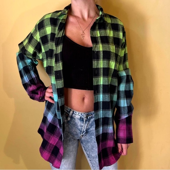 Oversized Tie Dye Plaid Flannel Shirt Dip Dye Gradient Green Blue Purple - Picture 2 of 5